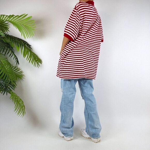Vintage 90s Indie Grunge Red Striped Short Sleeve Oversized Polo Shirt / Sz: XL - Picture 2 of 6